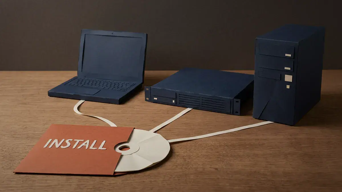 Paper disc in an orange sleeve marked INSTALL, with paper ribbons running to a laptop, a rack server and a tower computer.