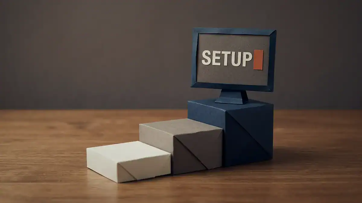 Three paper steps rising to a paper monitor that reads SETUP with an orange cursor block.