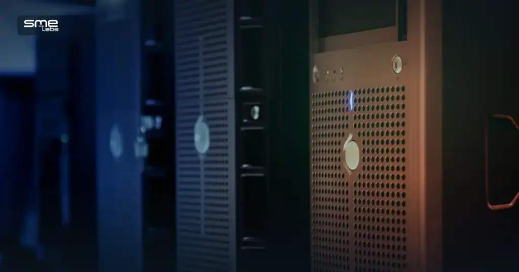 Close-up of a server tower with illuminated panel, representing AWS CloudOps exam prep