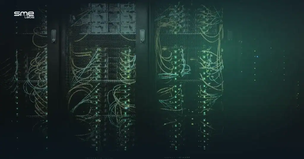 Data center servers with network cables and LED indicators in a server room.