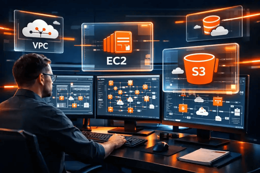 Professional working with EC2, S3 and VPC service dashboards on multiple monitors