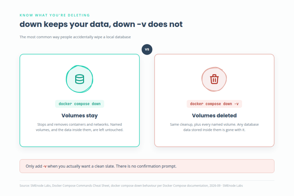 Docker compose down versus down -v, volumes stay versus volumes deleted