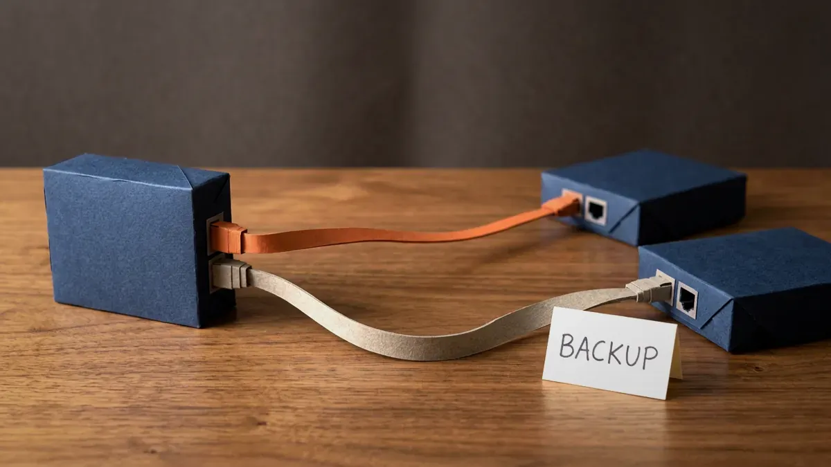 Paper-craft scene of a navy paper router with a taut orange paper cable to one router and a slack grey paper cable plugged into a second router beside a card reading BACKUP.