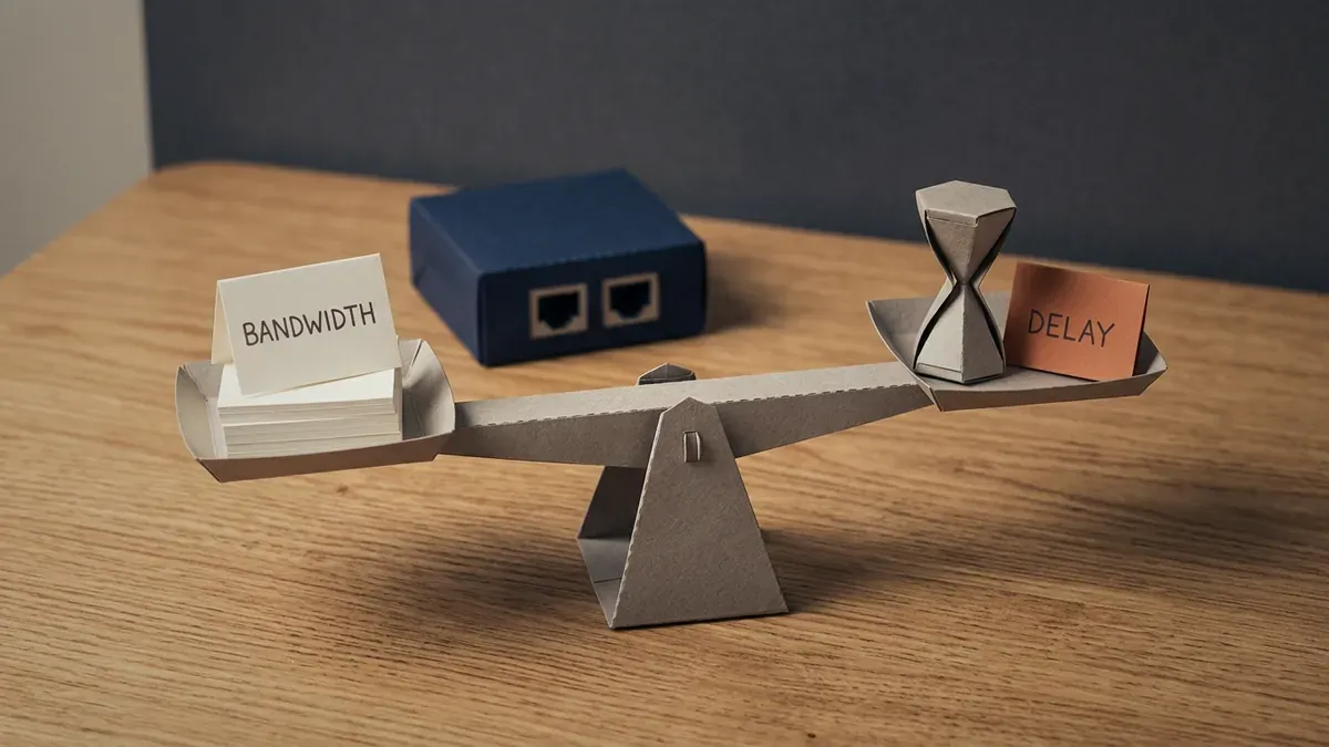 Paper-craft balance scale on a wooden table with a stack of paper blocks beside a card reading BANDWIDTH on one pan and a paper hourglass beside an orange card reading DELAY on the other, a navy paper router behind.