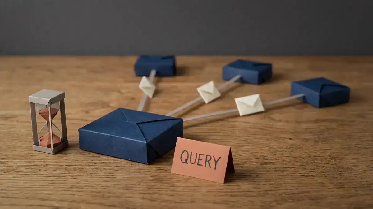 Paper-craft scene of a navy paper router sending three blank paper envelopes along grey strings to three other routers, with a paper hourglass beside it and an orange card reading QUERY.