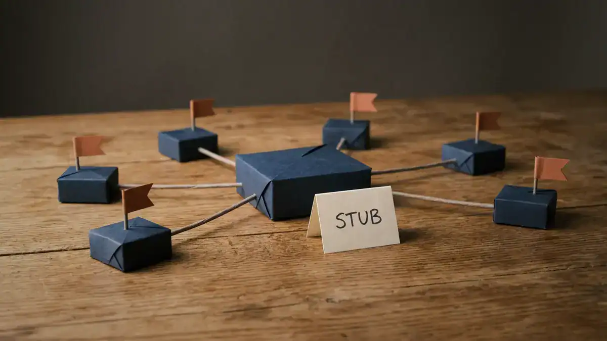 Paper-craft hub-and-spoke topology on a wooden table: a large navy paper hub router joined by grey strings to six small navy branch routers each topped with a small orange flag, with a card reading STUB in front.