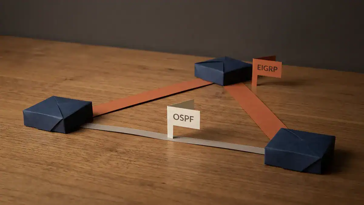 Paper-craft triangle of three navy paper routers on a wooden table, joined the long way round by a wide orange paper strip flagged EIGRP and directly by a thin grey paper strip flagged OSPF.
