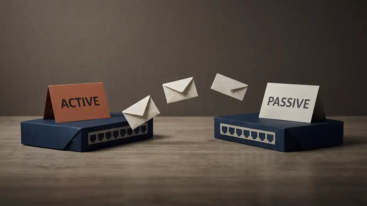 Paper-craft scene of two navy paper switches facing each other, three off-white paper envelopes travelling from the left switch to the right one, an orange card reading ACTIVE on the left and a white card reading PASSIVE on the right.