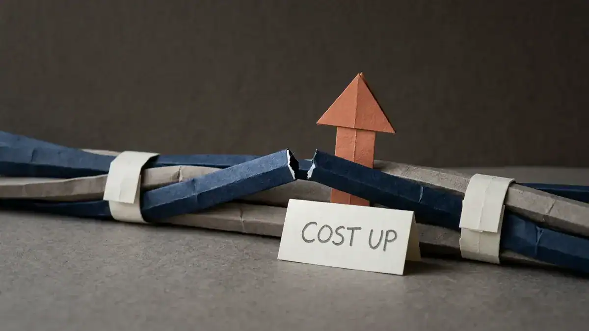 Paper-craft scene of four paper cables, two navy and two grey, bundled with paper straps across a table, one navy cable cleanly snapped with a visible gap, an orange paper arrow pointing up behind the break and a card reading COST UP.