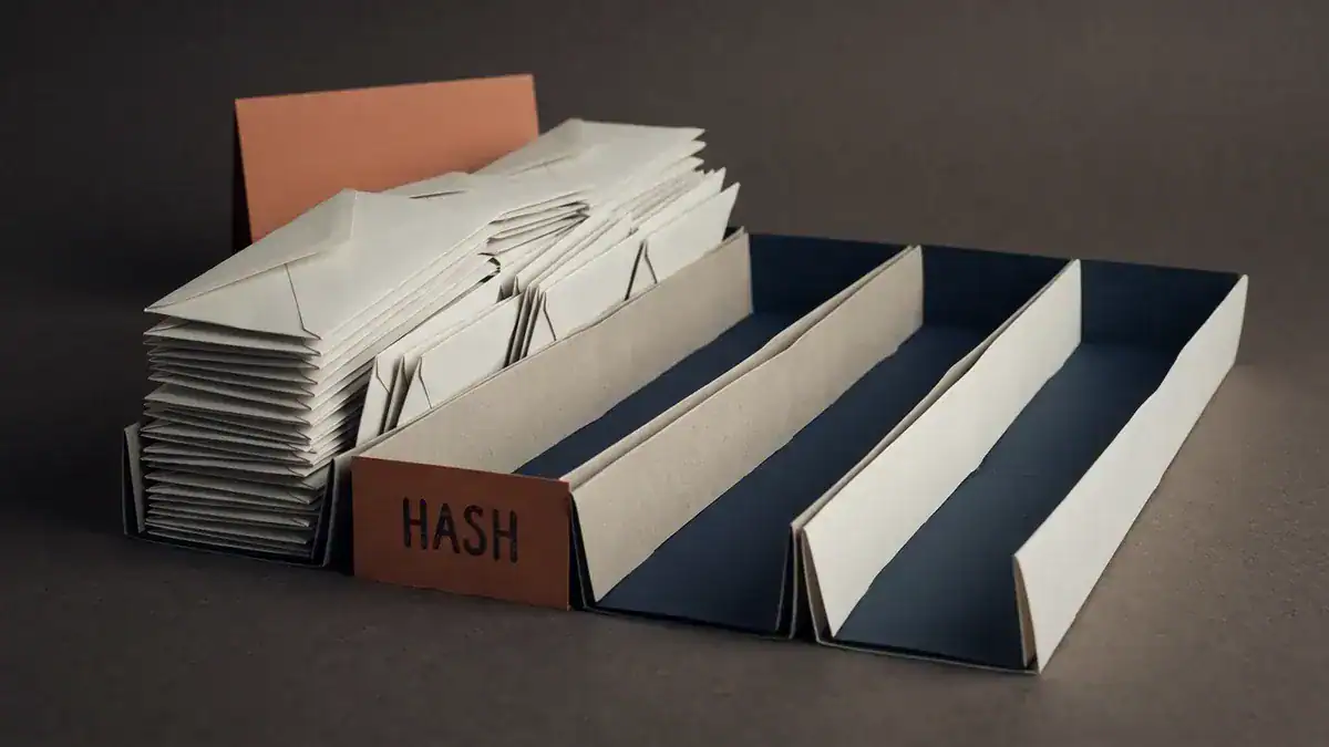 Paper-craft scene of four parallel open paper lanes, the leftmost crammed full of off-white paper envelopes and overflowing while the other three sit completely empty, with an orange card at the front reading HASH.