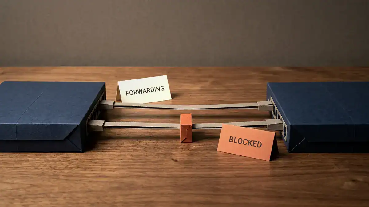 Paper-craft scene of two navy paper network switches on a wooden table joined by two grey paper cables, the upper one clear beside a card reading FORWARDING, the lower one stopped by an orange paper barrier beside a card reading BLOCKED.