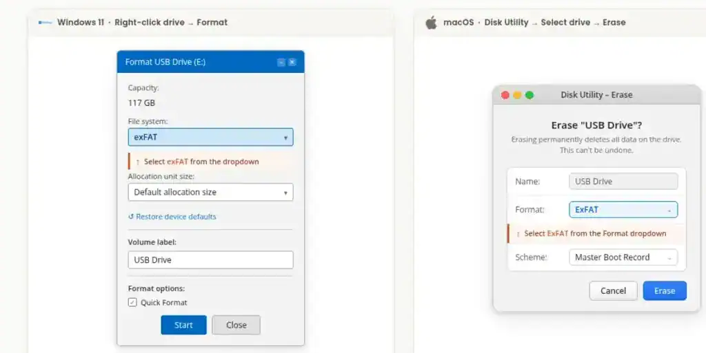 How to select exFAT when formatting a drive on Windows and Mac