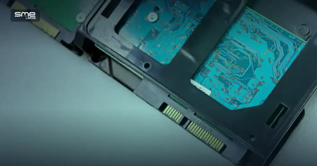 Close-up of internal storage drive circuitry, representing exFAT, NTFS and FAT32 file systems