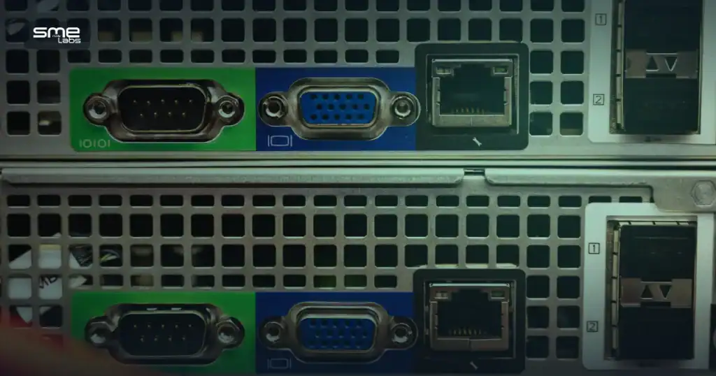 Close-up of server rack ports, representing a Fortinet NSE4 versus Cisco Security comparison