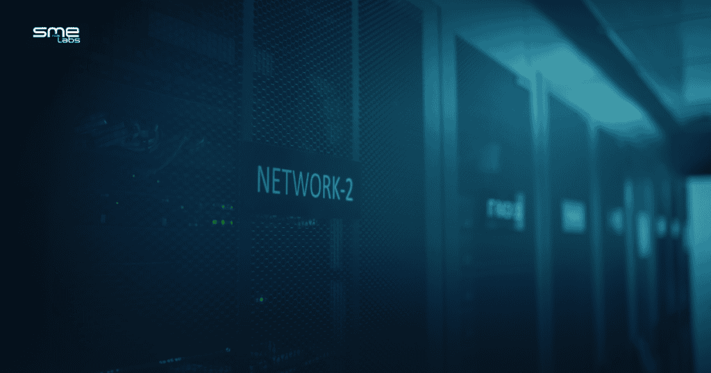 Network server rack labeled NETWORK-2 in a data centre.