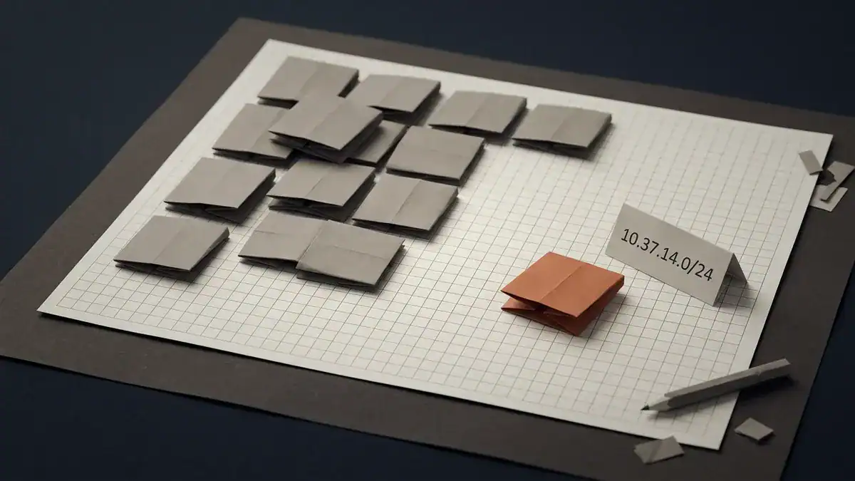 Stacked grey and brown paper notes on graph paper with a pen.