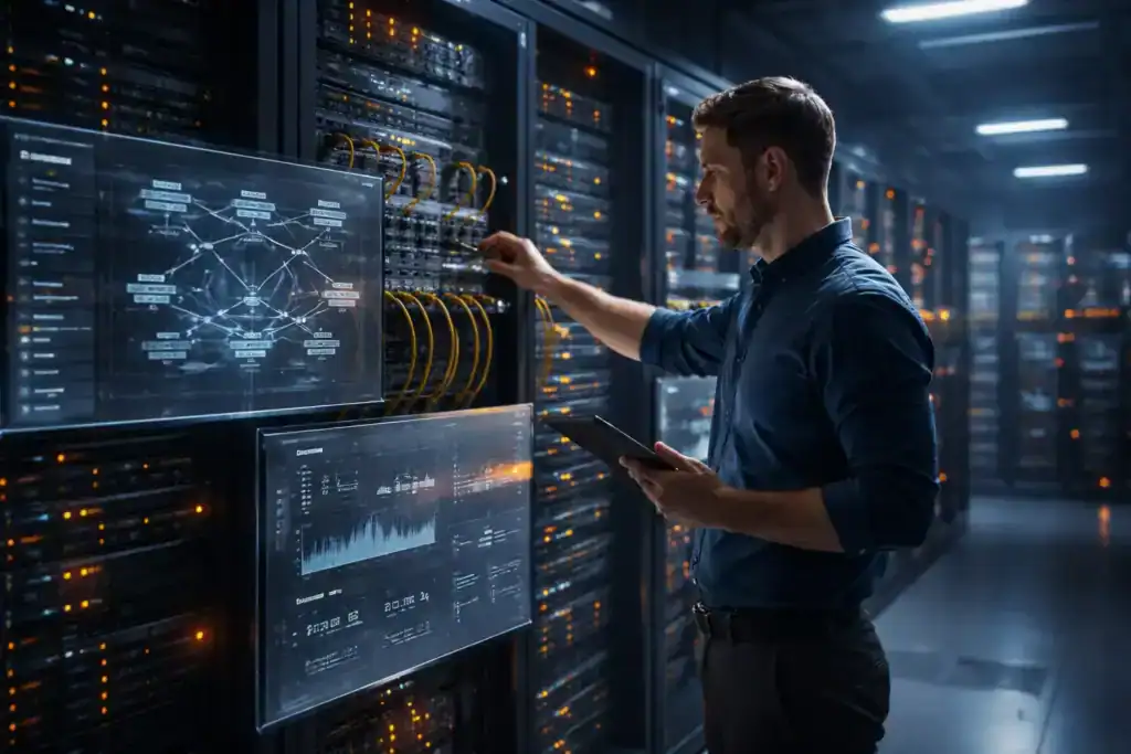 Network engineer working in a data center server room
