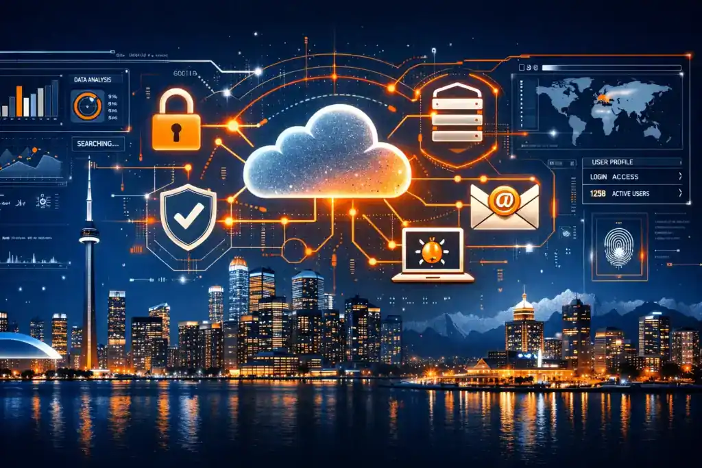 Cloud computing and cybersecurity over a Toronto skyline at night