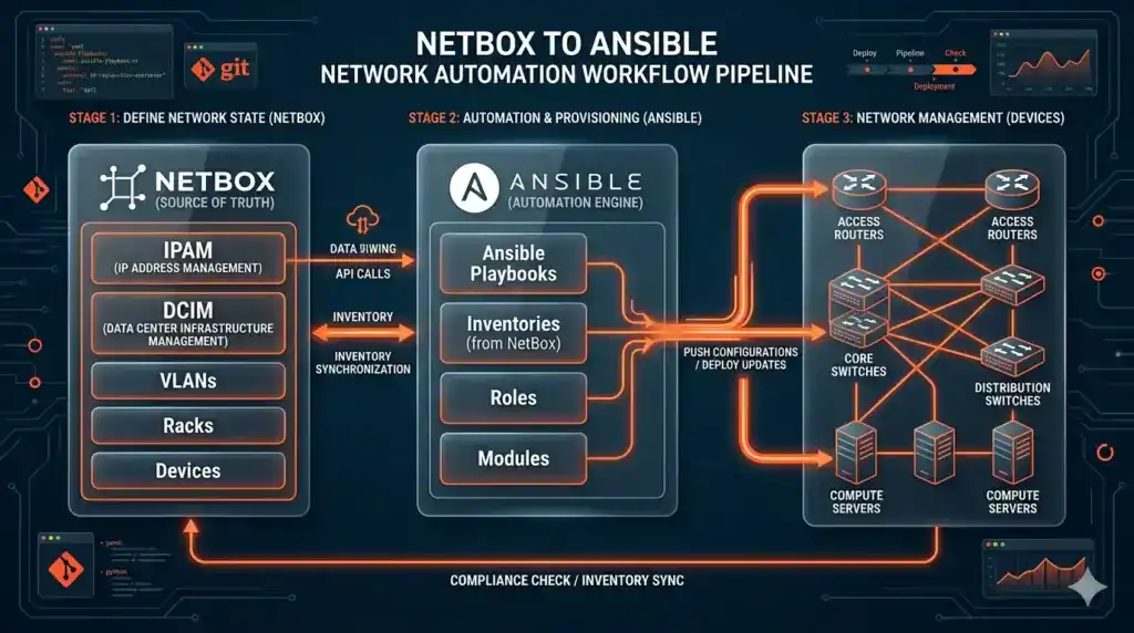Diagram of NetBox and Ansible integration for dynamic inventory management