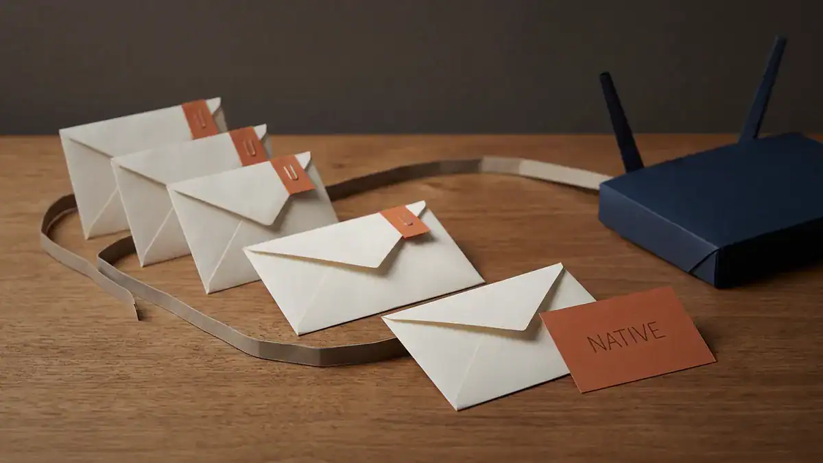 Paper-craft scene of four off-white paper envelopes each carrying a small orange tag queued along a paper cable toward a navy paper router, with one untagged plain envelope at the front beside an orange card reading NATIVE.