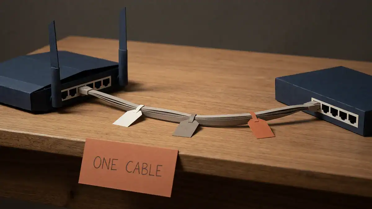 Paper-craft scene of a navy paper router and a navy paper switch on a wooden table joined by a single grey paper cable carrying three coloured tags, with an orange card reading ONE CABLE.