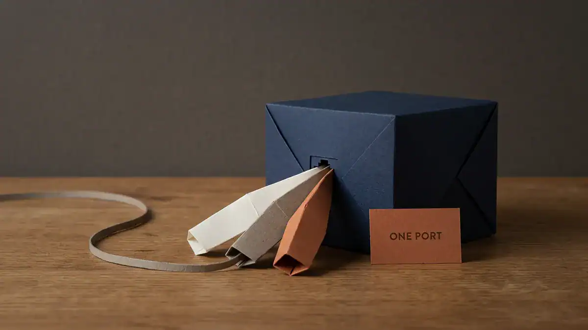 Paper-craft scene of a navy folded paper router with three paper flaps in off-white, grey and orange fanning out of its single port, one grey paper cable leaving to the left, and an orange card reading ONE PORT.
