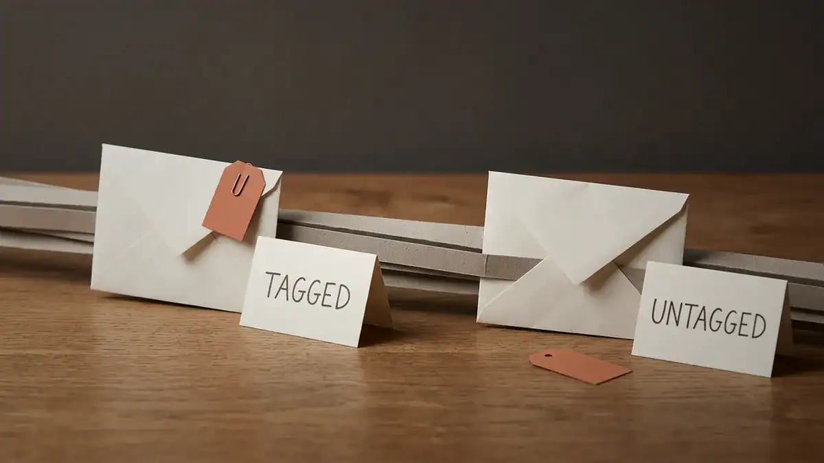 Paper-craft scene of a paper envelope on a grey paper cable with a small orange tag clipped to it beside a card reading TAGGED, and the same envelope further along with the tag removed beside a card reading UNTAGGED.