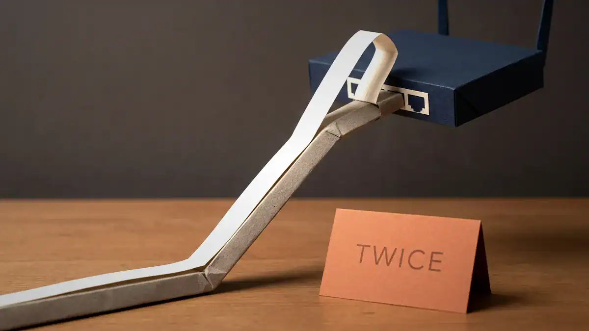 Paper-craft scene of a white paper ribbon travelling up a single grey paper cable to a navy paper router, folding back on itself in a hairpin, and returning down the same cable, with an orange card reading TWICE.