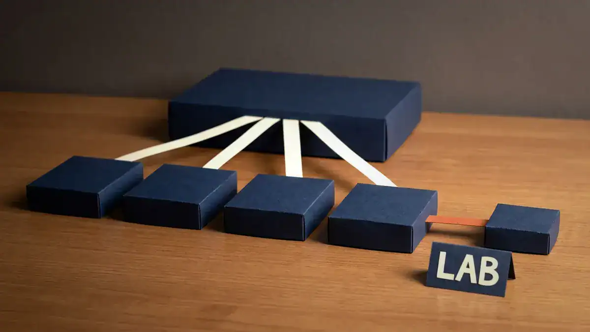 Paper-craft topology of one large core switch with four access switches in a row, and a smaller switch labelled LAB joined to the end of the row by one orange cable.