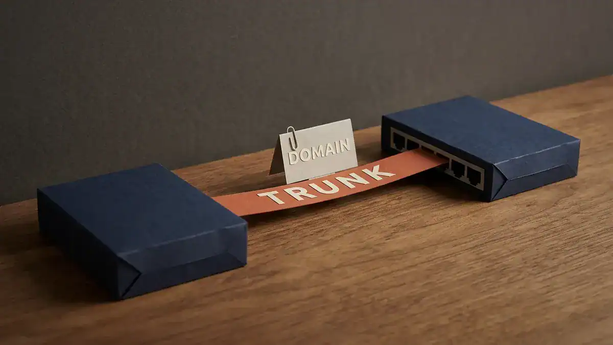 Two navy paper switches joined by one orange paper strip reading TRUNK, with a clipped paper tag reading DOMAIN riding on the strip.