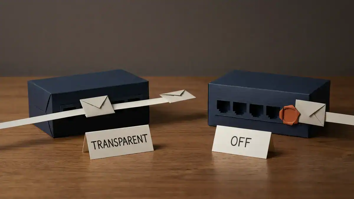 Two navy paper switches side by side: on the left, labelled TRANSPARENT, an envelope passes straight through; on the right, labelled OFF, an envelope stops at an orange seal.