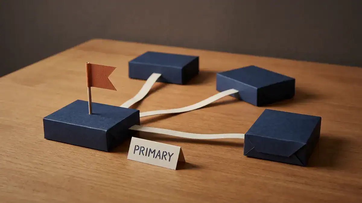 Four navy paper switches in an arc, one with an orange paper flag and a PRIMARY card, joined to each of the other three by a paper cable.