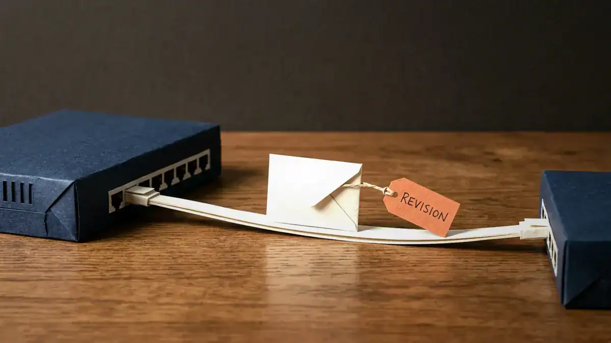 Two navy paper switches joined by a paper cable, with a folded envelope on the cable carrying an orange tag that reads REVISION.