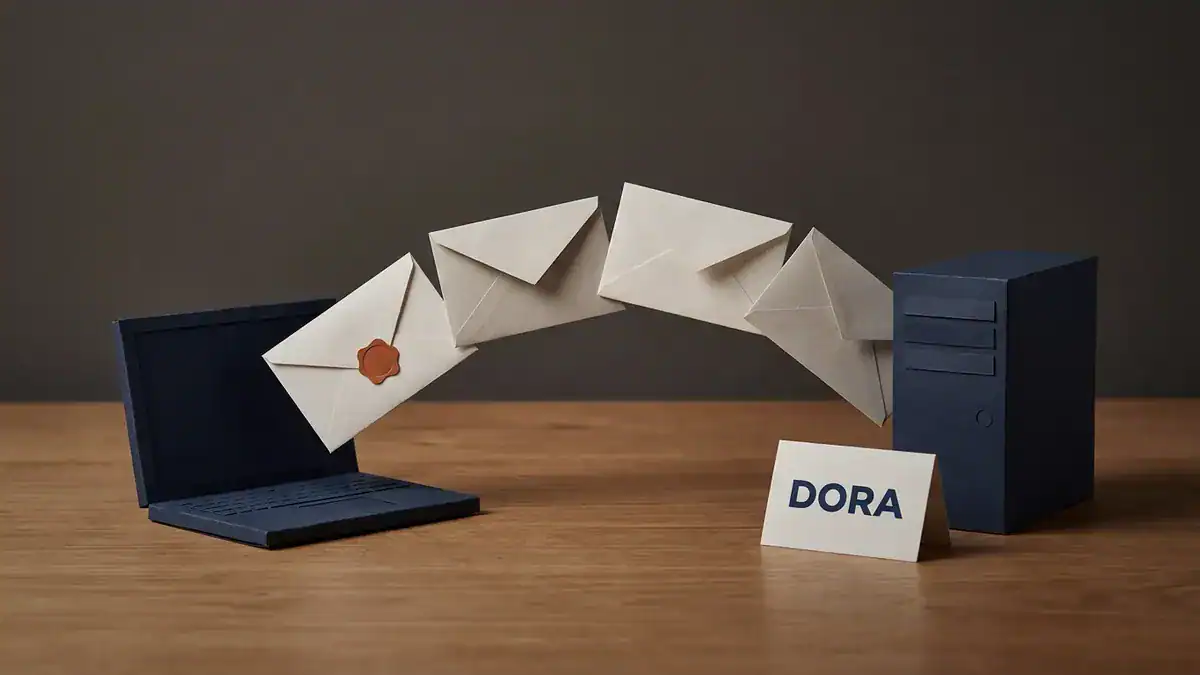 Paper-craft laptop and server with four envelopes arcing between them, and a card reading DORA in front of the server.