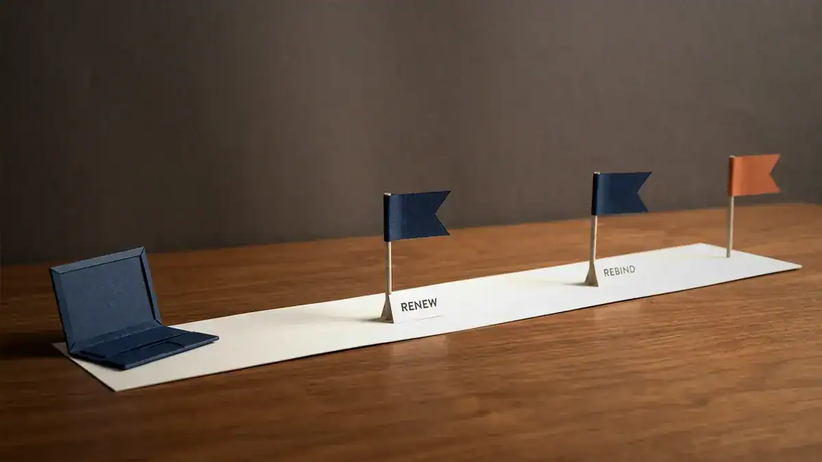 Paper timeline strip starting at a laptop, with a navy RENEW flag halfway, a navy REBIND flag near the end and an orange flag at the end.