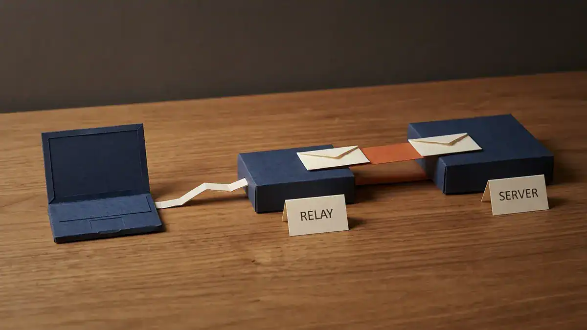 Paper laptop cabled to a router labelled RELAY, joined by an orange strip carrying two envelopes to a router labelled SERVER.