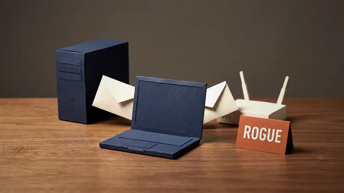 Paper laptop receiving envelopes from two sides: a navy server tower and a small white home router with a ROGUE card.
