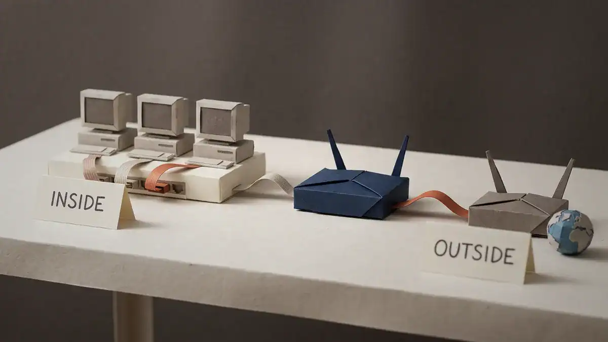 Paper-craft lab bench of three paper desktop computers on a paper switch behind a card reading INSIDE, linked to a deep navy paper router, which connects by a burnt orange ribbon to a grey paper router and paper globe behind a card reading OUTSIDE.