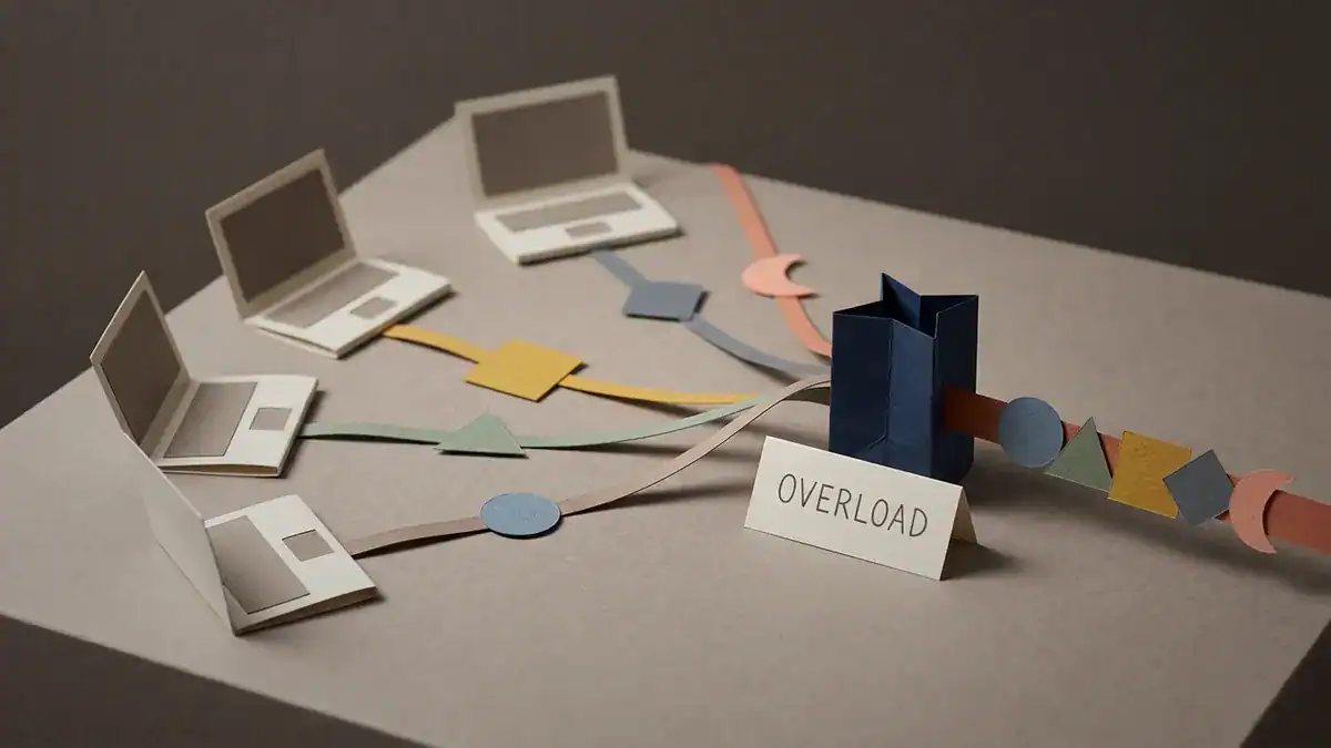 Paper-craft scene of four paper laptops whose ribbon cables each carry a different shape tag and converge into a deep navy paper router, leaving as one burnt orange ribbon with all the tags threaded along it, beside a card reading OVERLOAD.