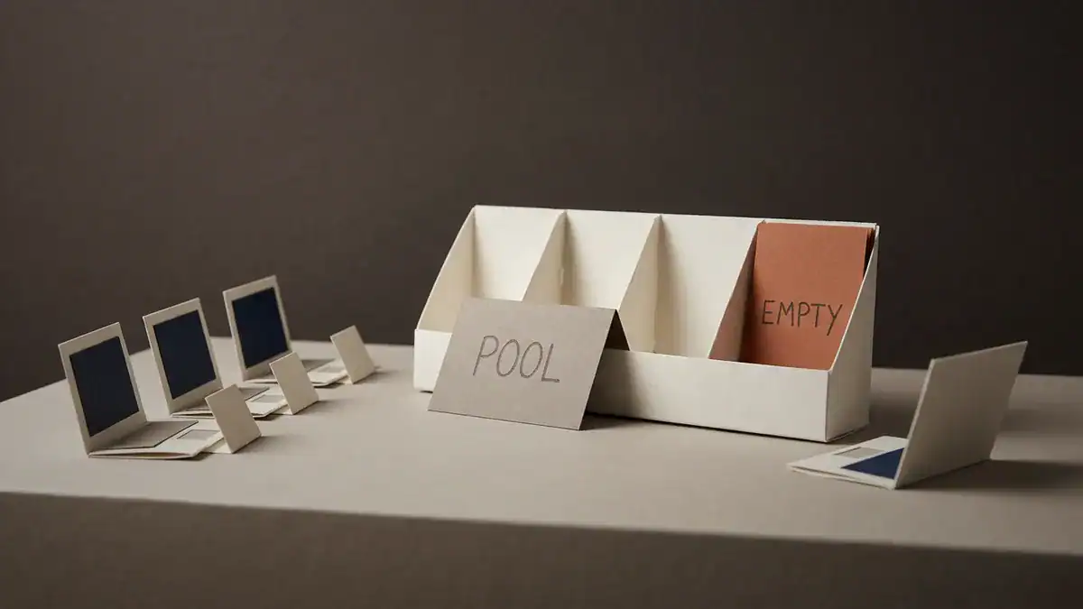 Paper-craft scene of an off-white paper card tray labelled POOL with every slot emptied, three paper laptops each holding a card they took, and a fourth laptop turned away beside a burnt orange card reading EMPTY.
