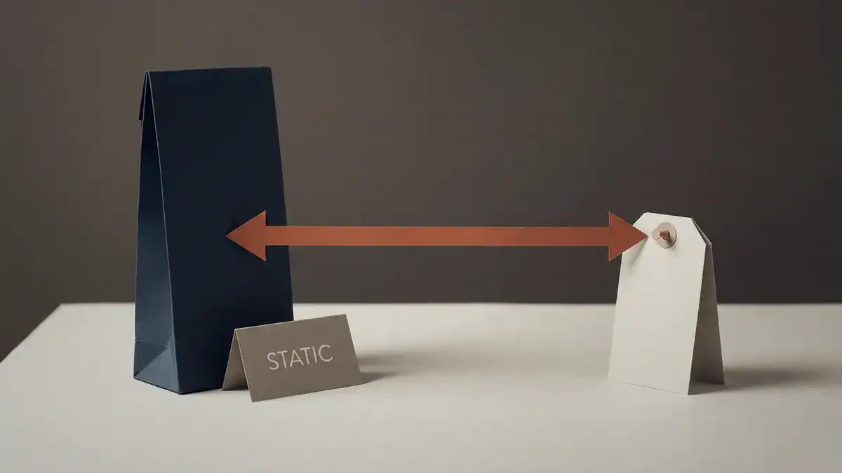 Paper-craft scene of a deep navy paper server joined to a single pinned off-white paper tag by one burnt orange double-headed arrow, with a card reading STATIC leaning against the server.