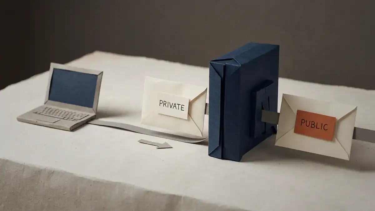 Paper-craft scene of a folded paper envelope travelling along a ribbon cable from a paper laptop through a deep navy paper router, carrying an off-white card reading PRIVATE before the router and a burnt orange card reading PUBLIC after it.