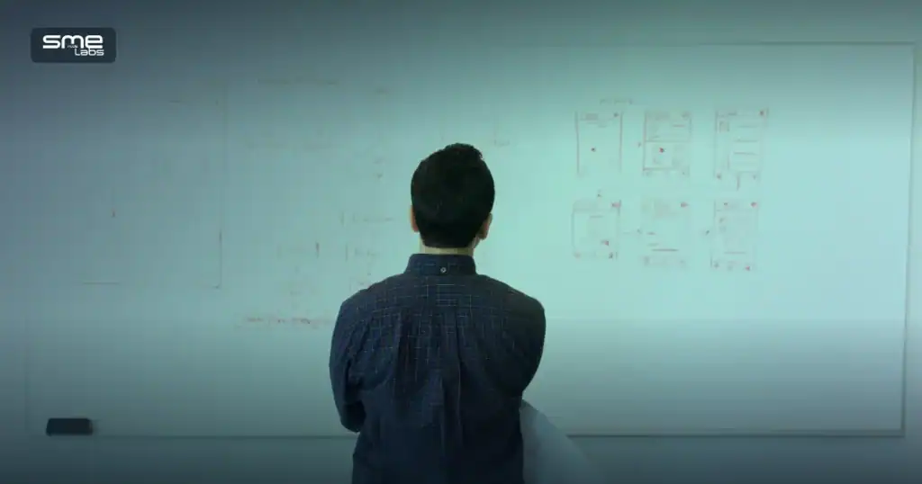 AWS Solutions Architect salary guide cover with duotone whiteboard architecture background