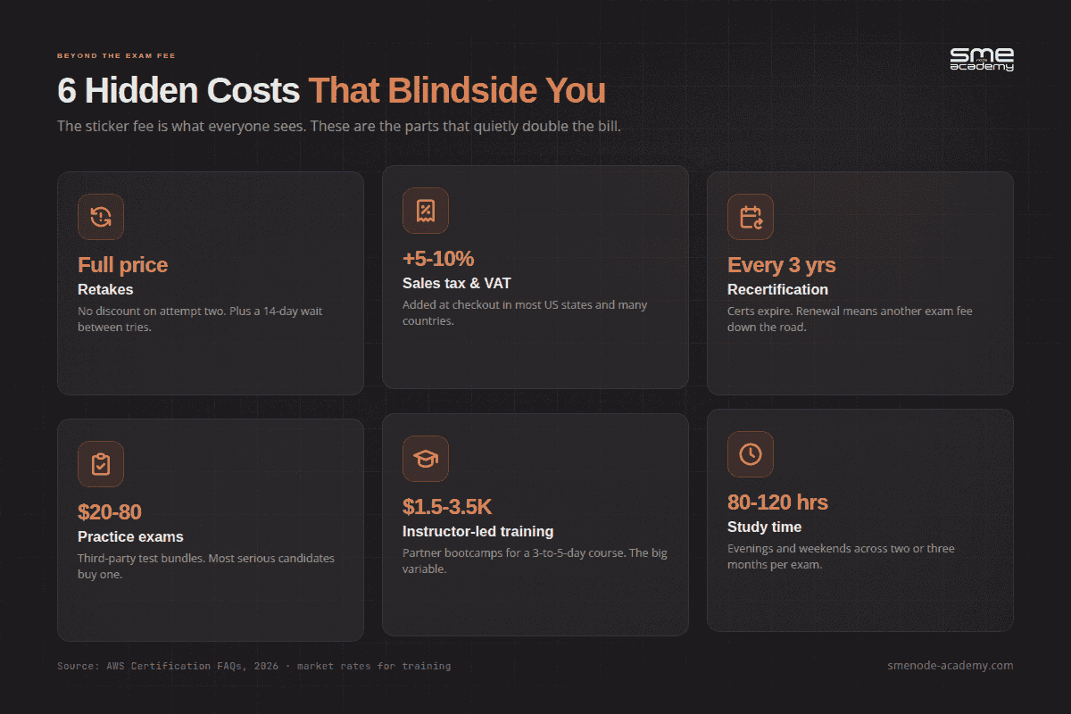 Six cards listing hidden AWS certification costs: full-price retakes, 5-10% sales tax and VAT, recertification every 3 years, $20-80 practice exams, $1.5-3.5K instructor-led training, 80-120 hours of study time