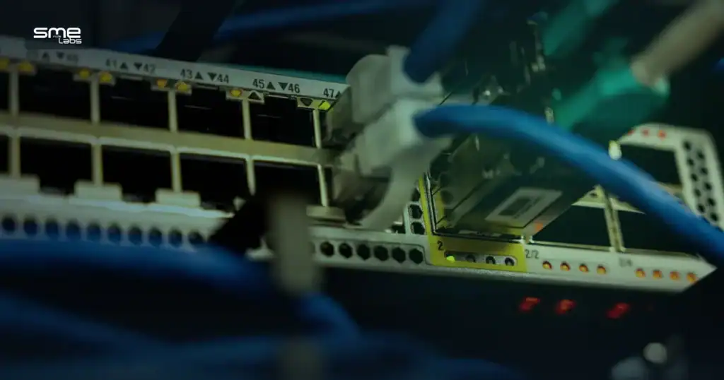 Blue ethernet cables connected to a network switch with status lights