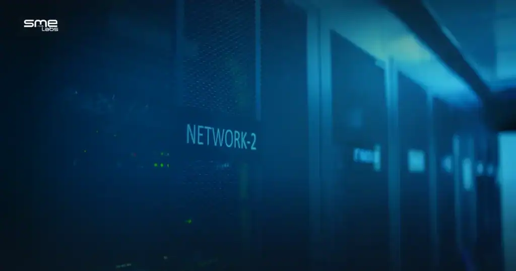 Server rack in a network operations room with blue lighting, duotone teal and blue wash
