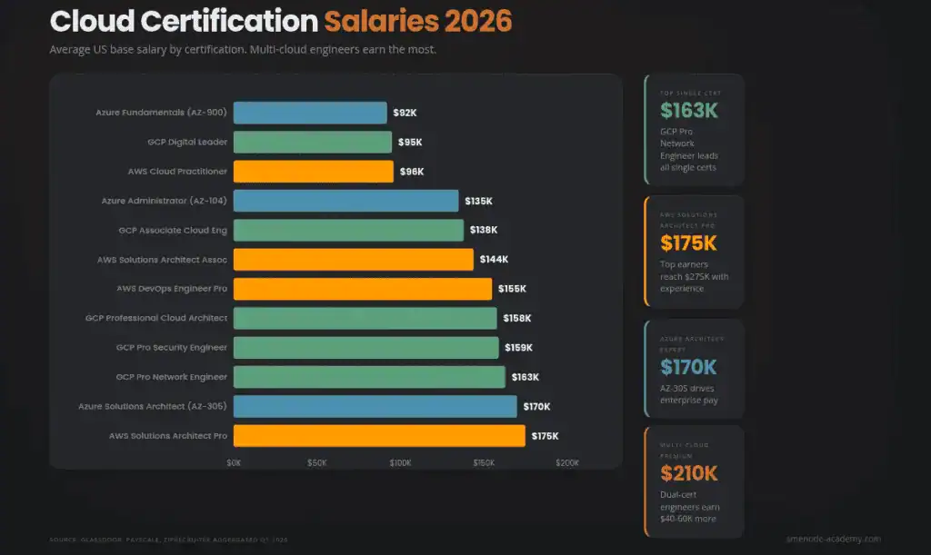 Bar chart comparing average salary by cloud certification across AWS, Azure, and Google Cloud in 2026