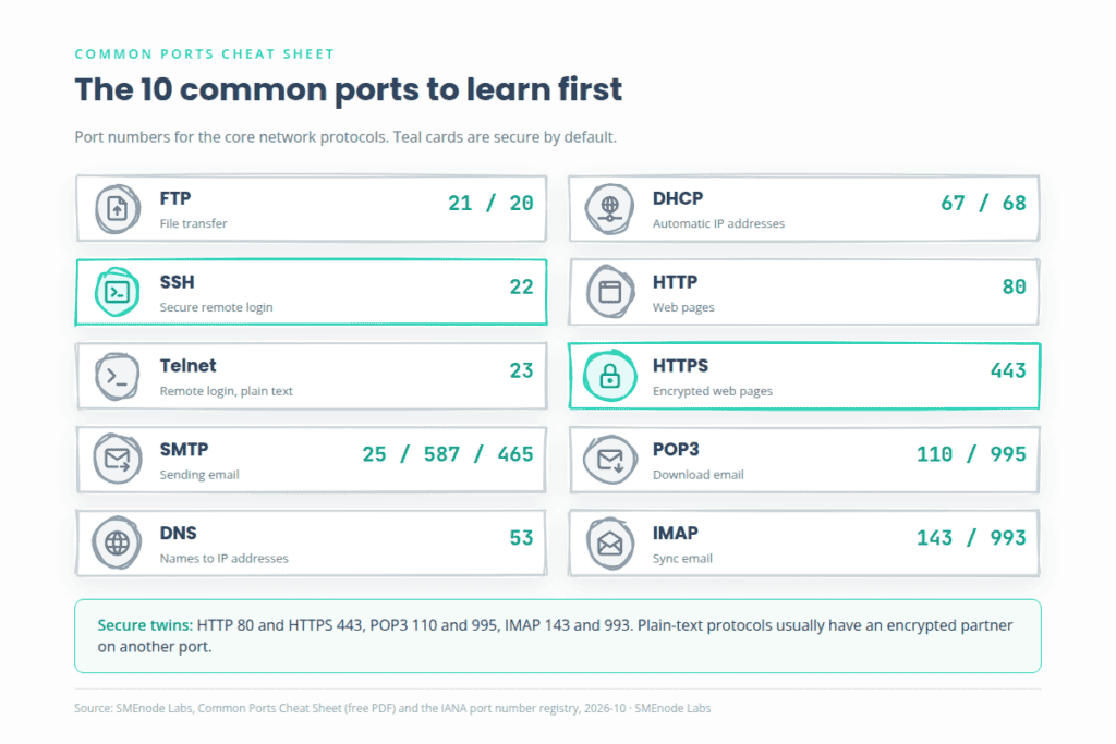 Common ports cheat sheet: FTP 21, SSH 22, Telnet 23, SMTP 25, DNS 53, DHCP 67, HTTP 80, HTTPS 443, POP3 110, IMAP 143
