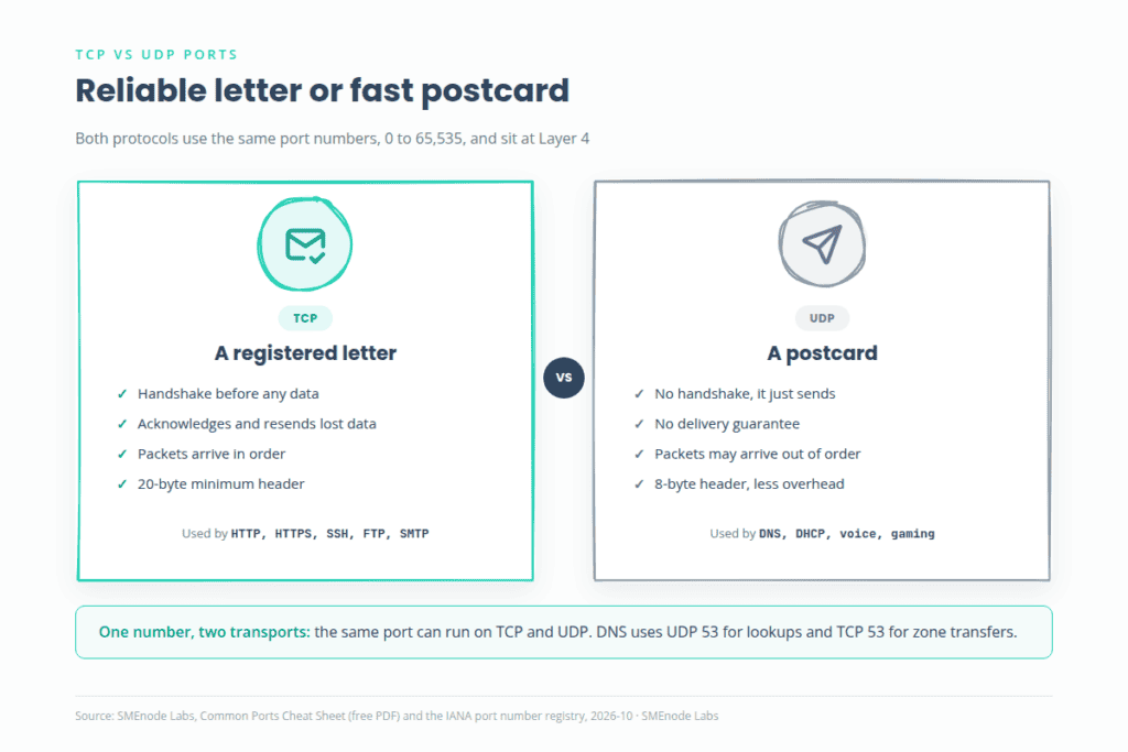 TCP vs UDP ports: TCP is a registered letter, UDP is a postcard, both use ports 0 to 65,535