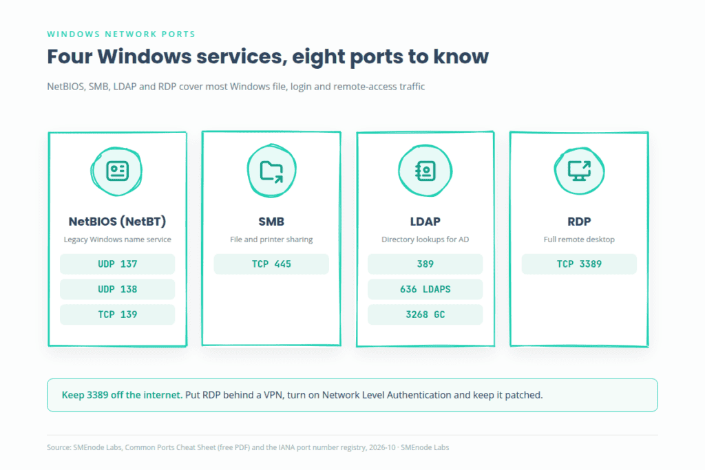 Windows network ports: NetBIOS 137, 138 and 139, SMB 445, LDAP 389, 636 and 3268, RDP 3389